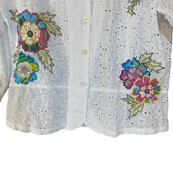 Tantrums XL White Eyelet Cotton Jacket Floral Embroidered Boho - Picture 4 of 5